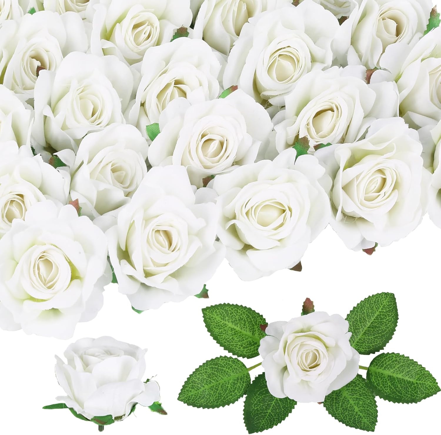 25pcs Roses Artificial Flowers 2.75in Fake White Rose Heads Real Looking Velvet