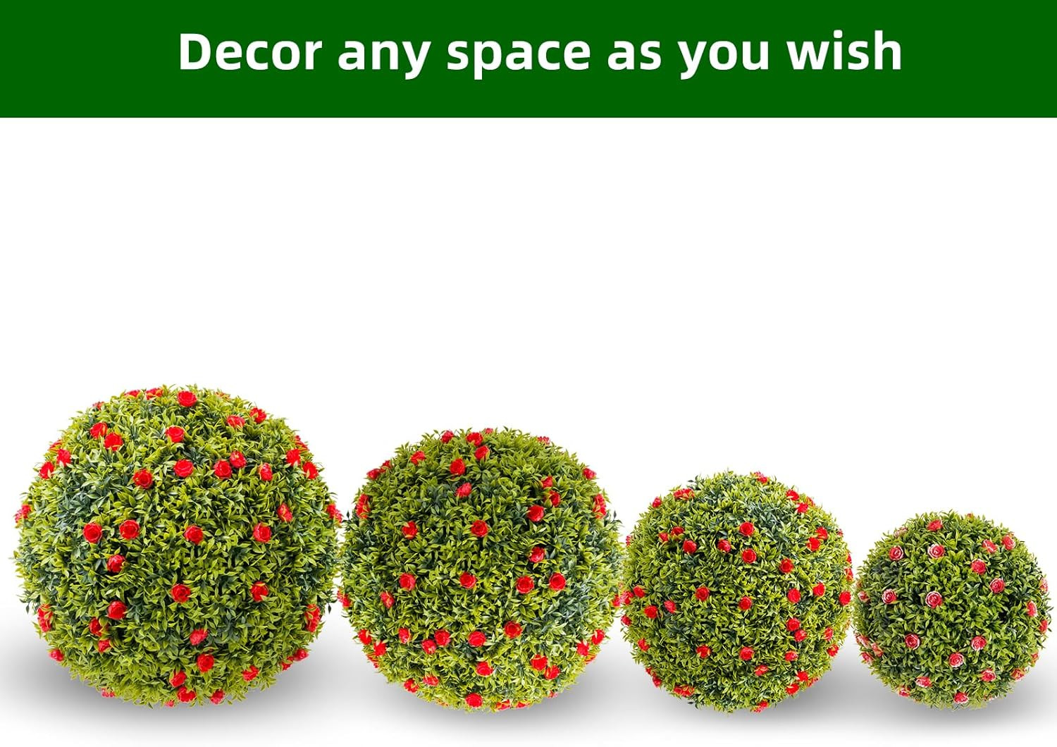 Set of 2 20.5″ Artificial Boxwood Topiary Balls with Red Flowers for Home Decor