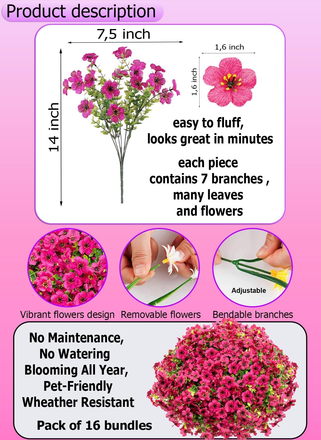 Artificial Flowers for Outdoors, 16 Bundles Fake Plants Red