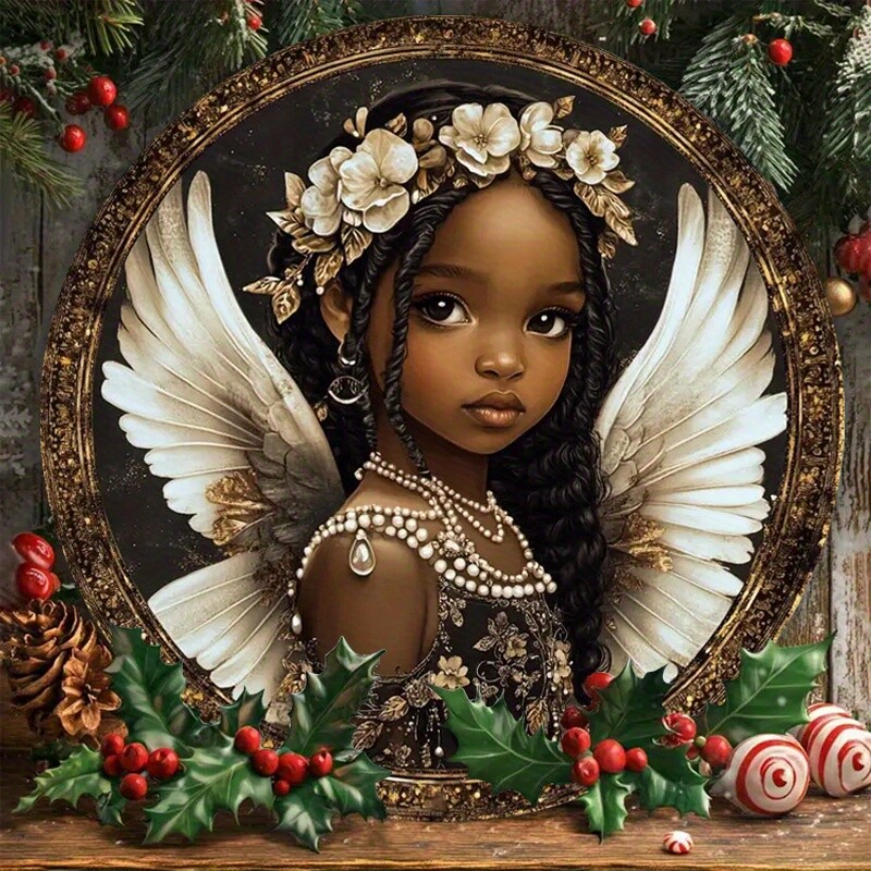 2D Round Flat Printed Acrylic African Angel Doll Sign Gold Cherub Sign