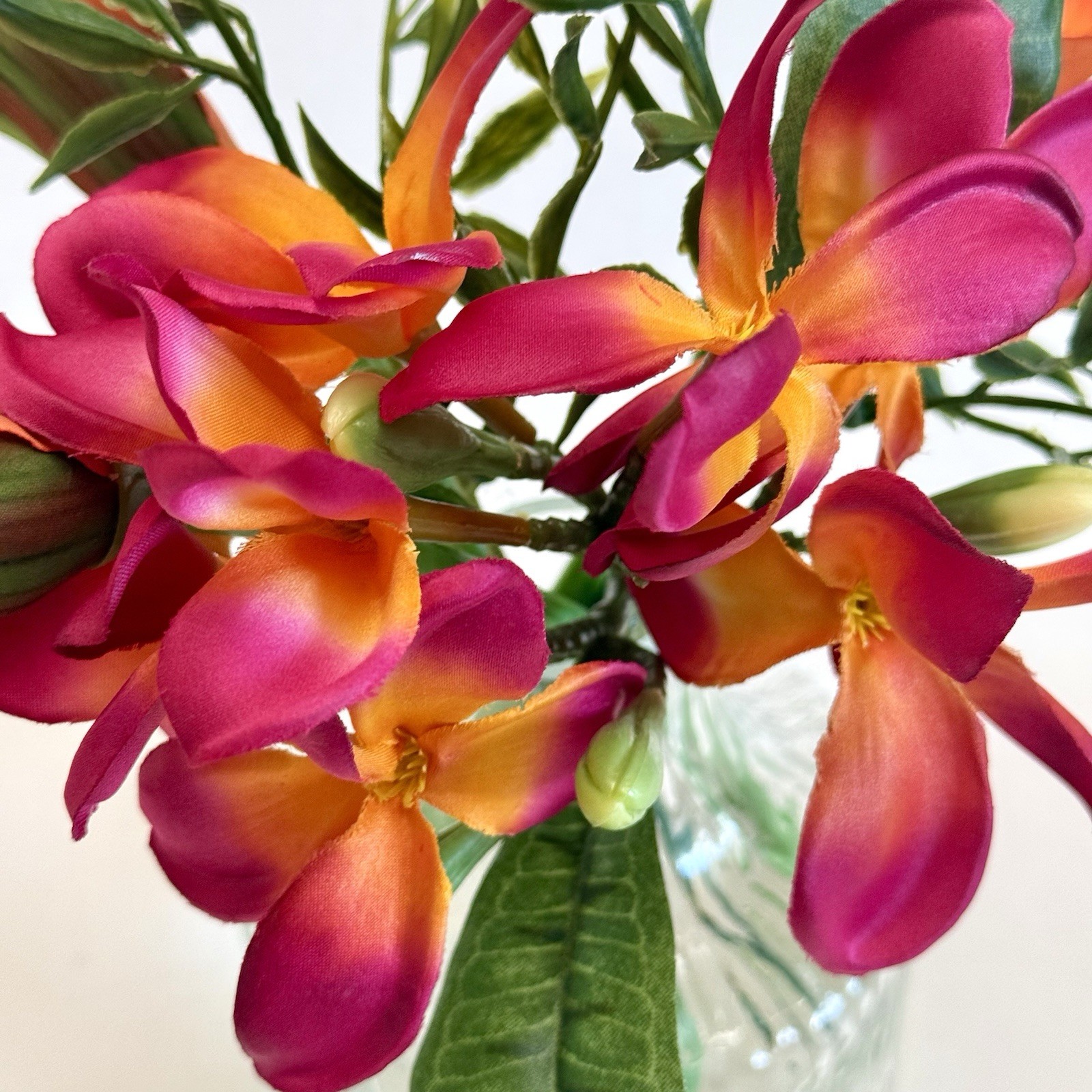 Artificial Tropical Flower Arrangement in Textured Glass Vase Pink Orange 10”