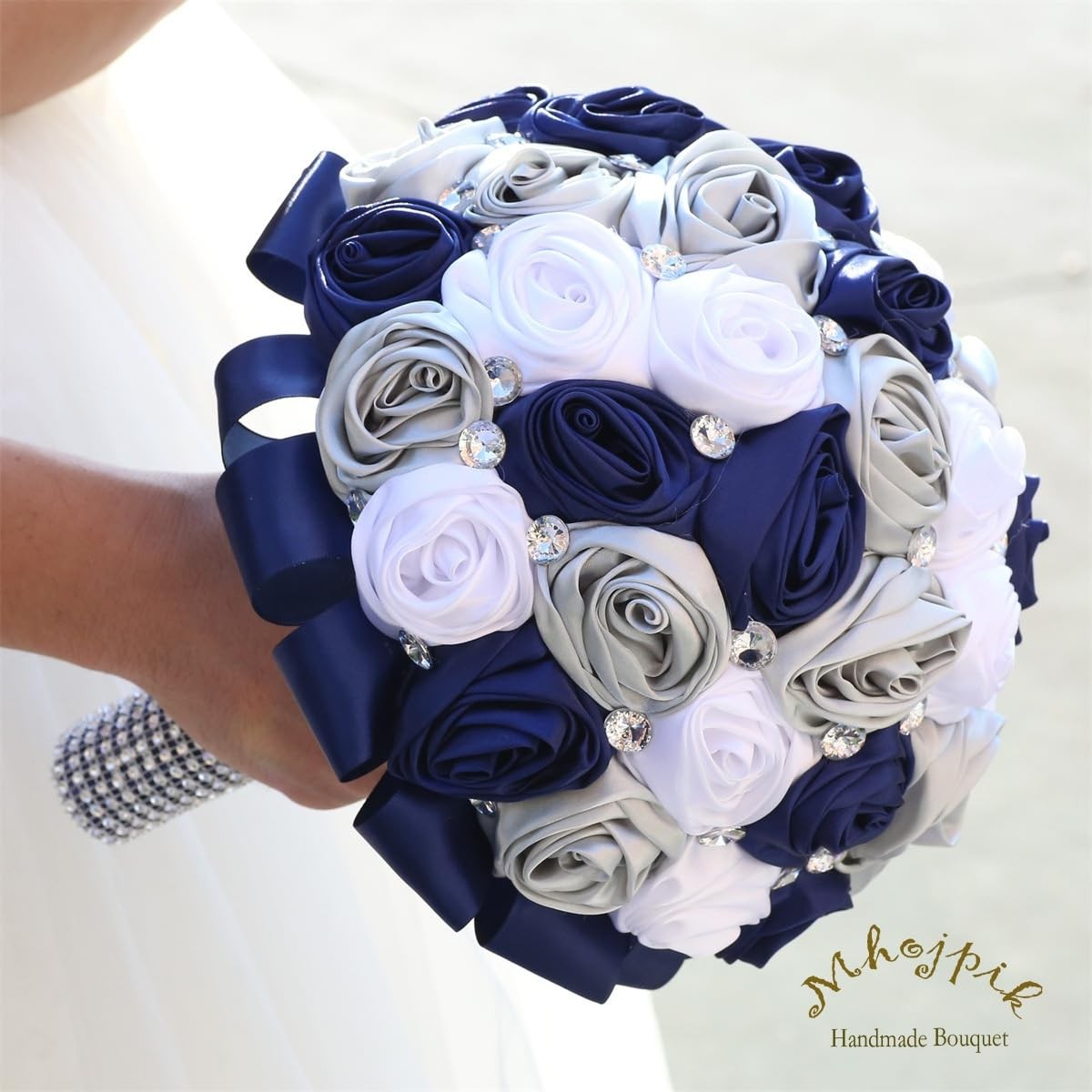 7.5 Inch Navy Blue Silver White Bridal Wedding Bouquet Round Holding