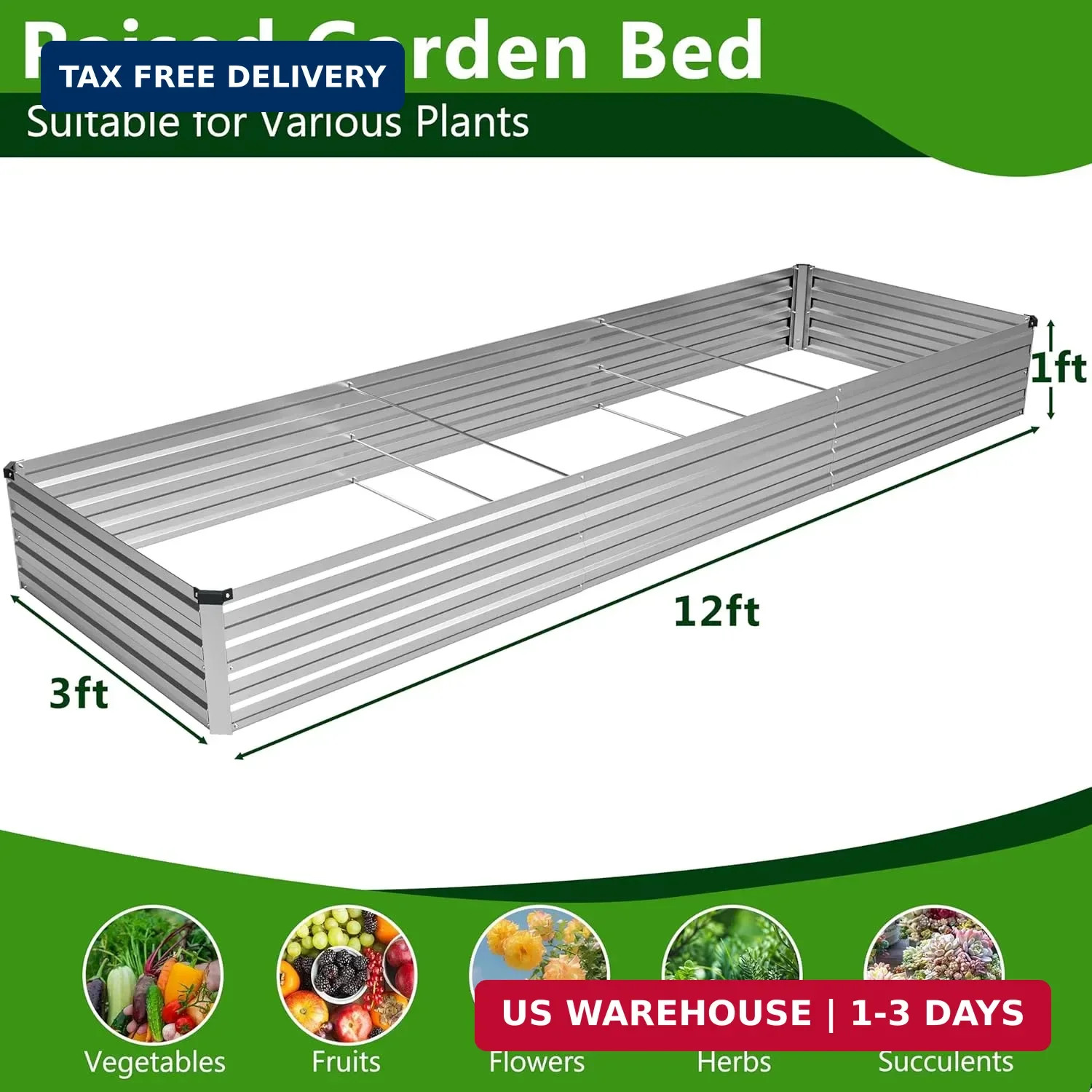 2PCS 12x3x1ft Galvanized Raised Garden Bed Kit,Metal Planter Box for Vegetables,