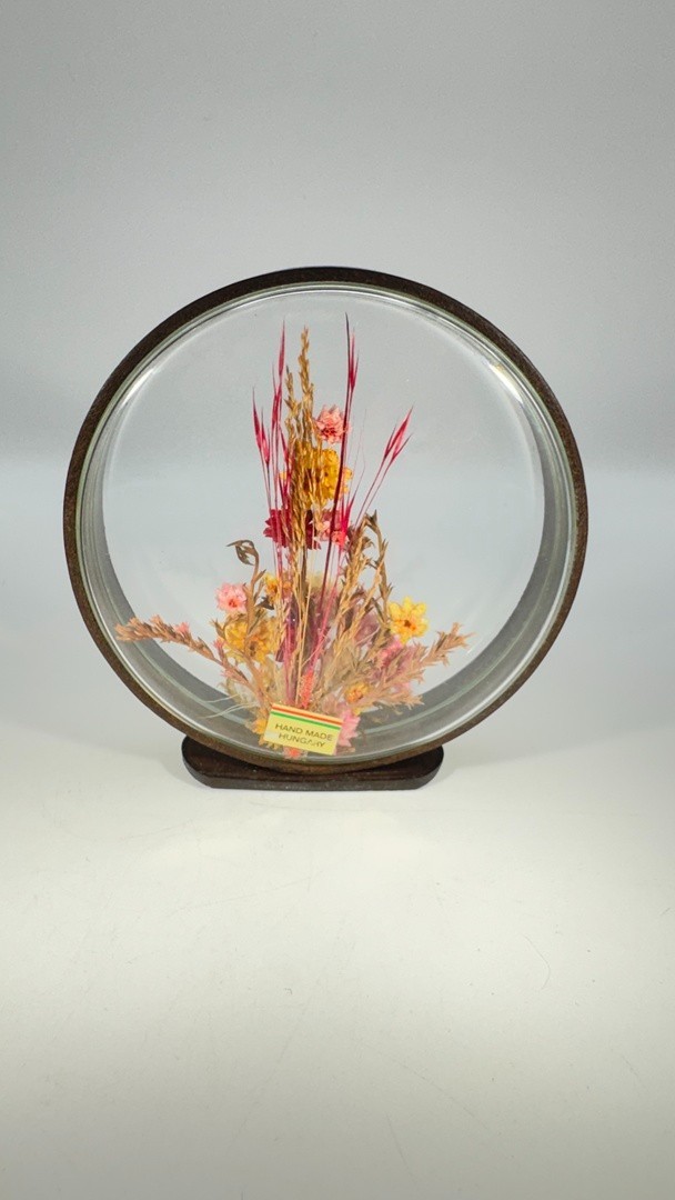 Vintage Hungarian Dried Flower Glass Art on Leather Stand, Round Floral Displ…