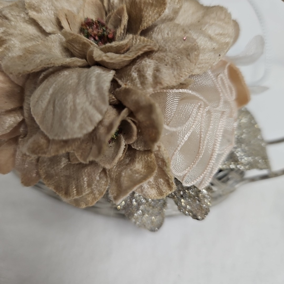 Silver Metal Flower Basket with Beaded Leaves & Velvet Flowers