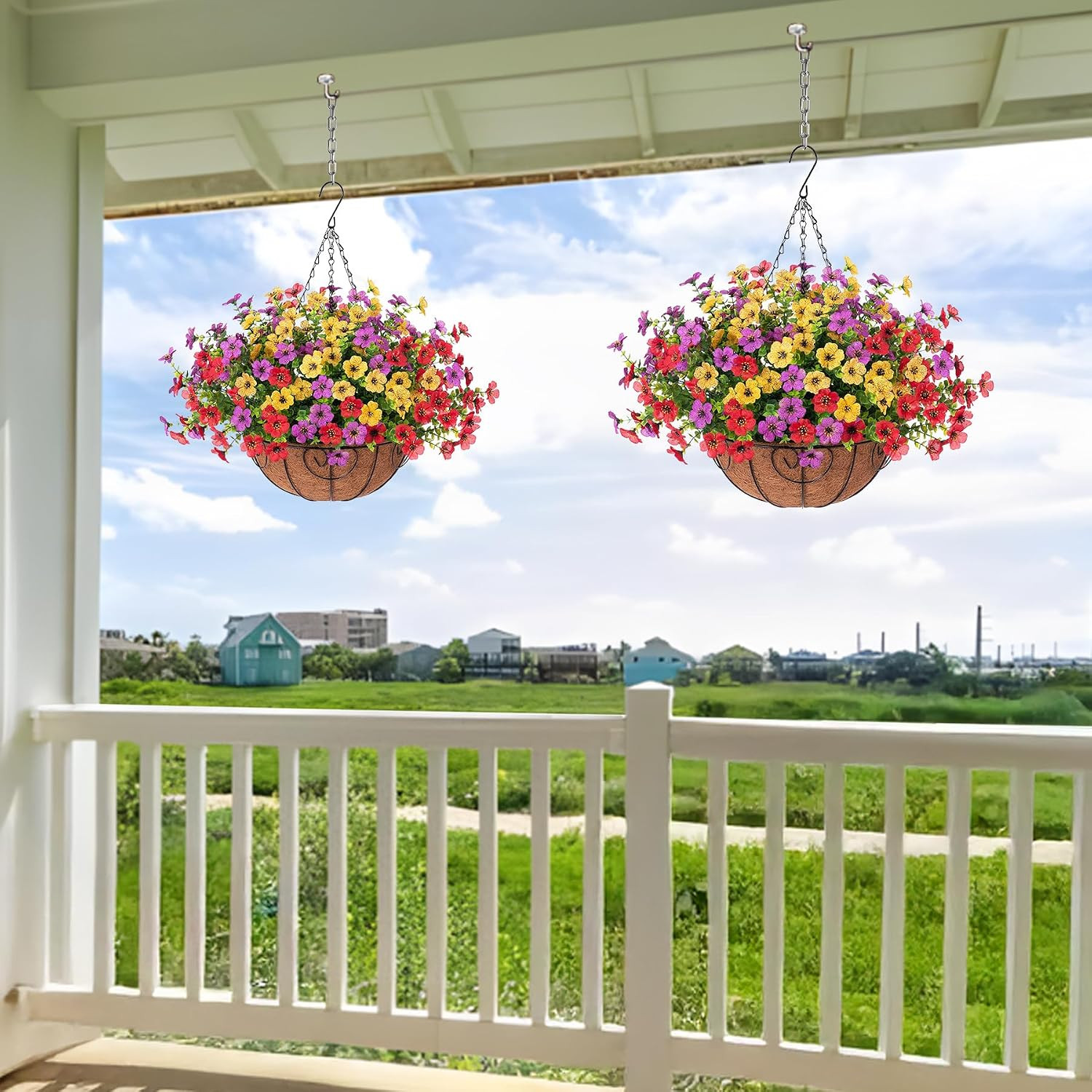 Artificial Faux Hanging Plants Flowers Basket for Spring Outdoor Decoration, Fak