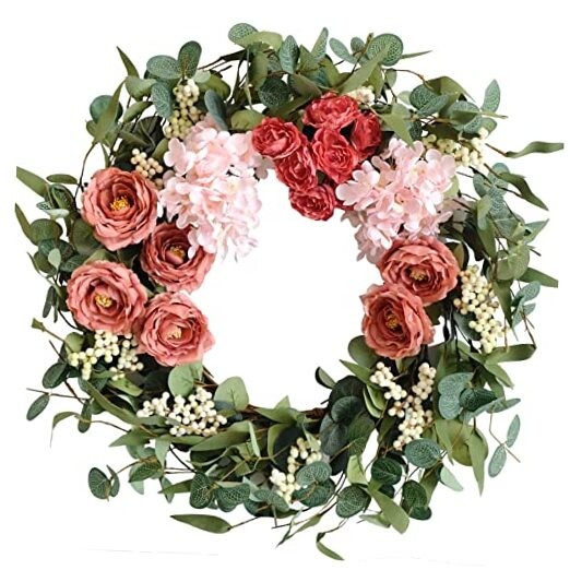 20 inches Artificial Pink Peony Wreath for Front Door Wreath with Hydrangea