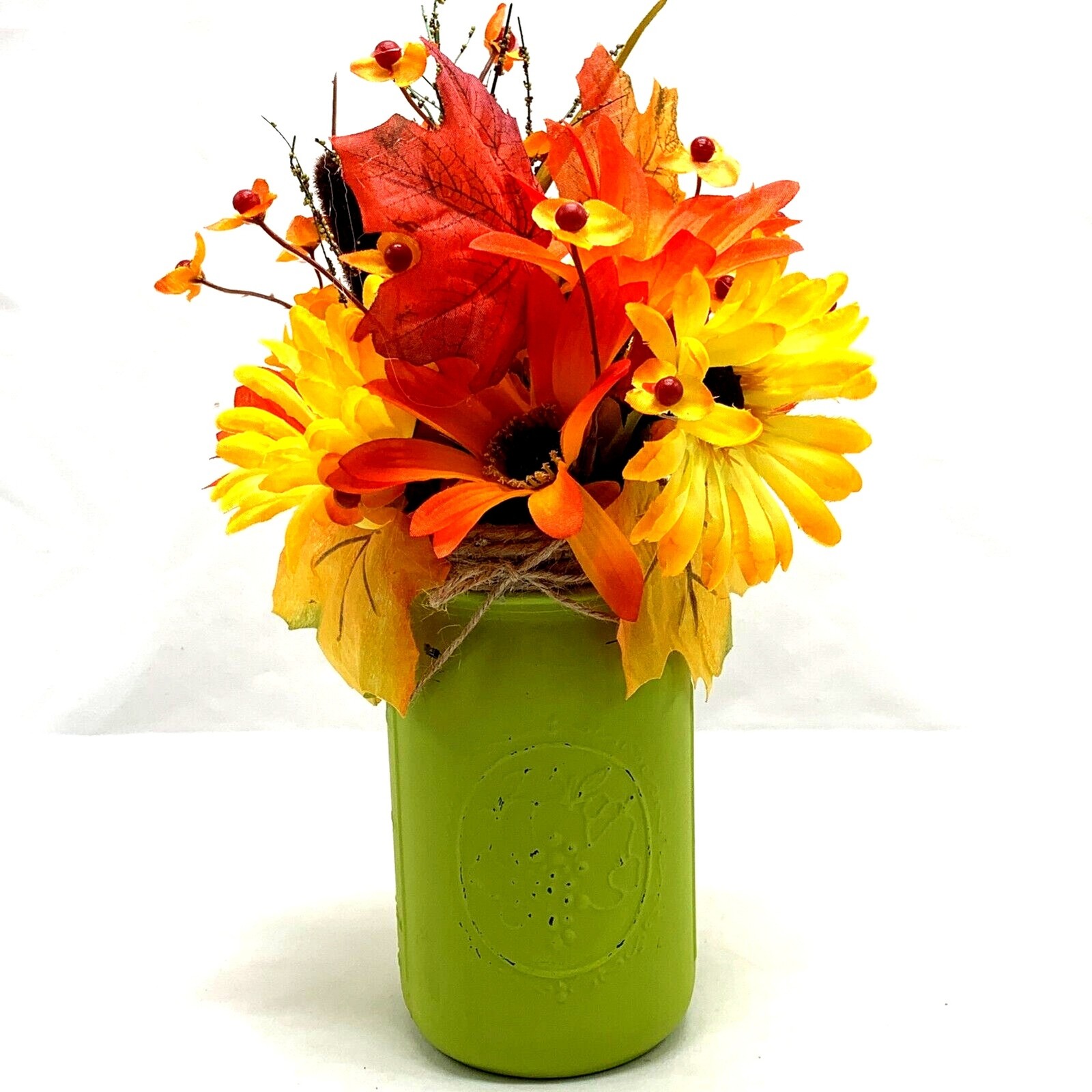 Fall Floral Arrangement Artificial Flowers Autumn Sunflowers Green Ball Jar Vase