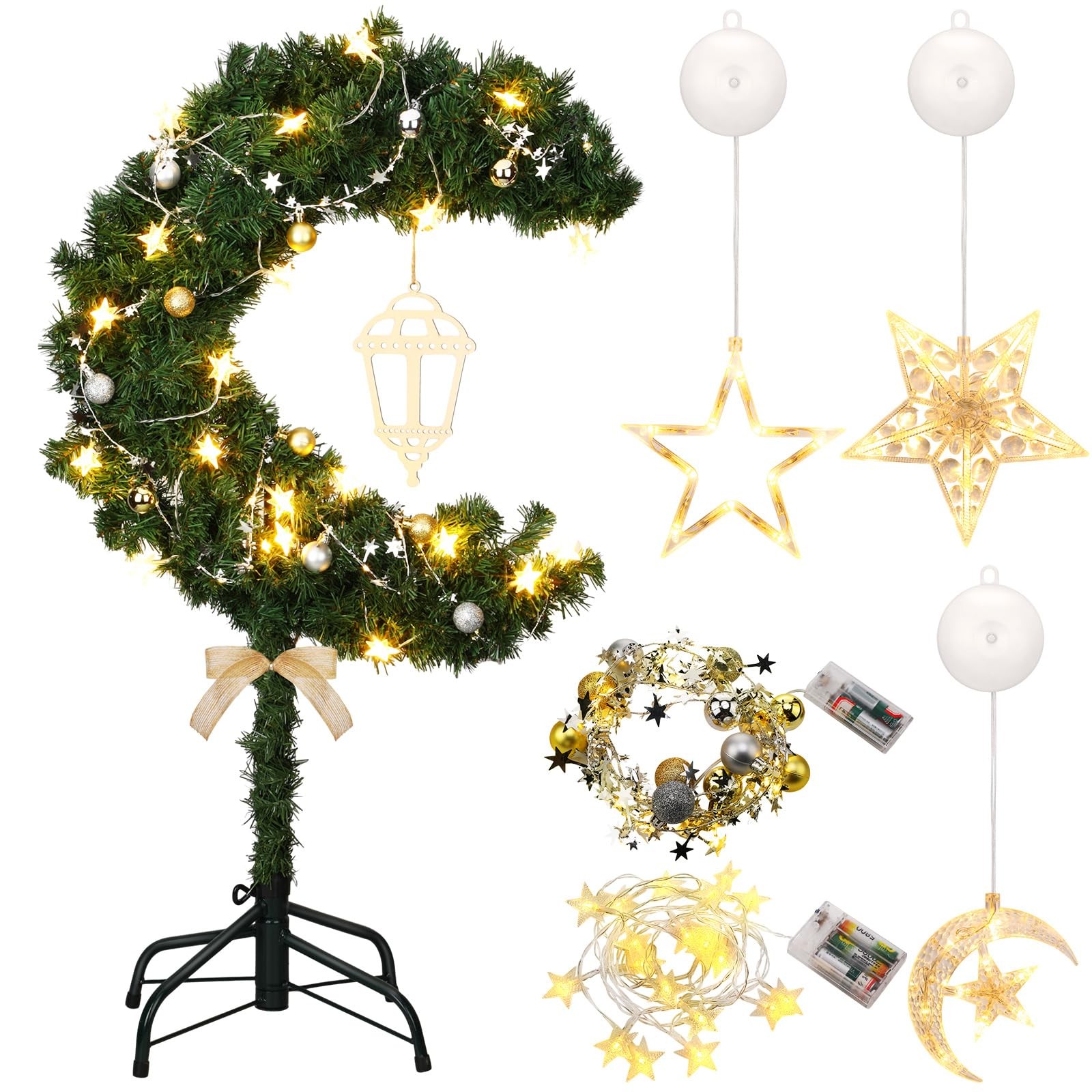 6ft Ramadan Moon Tree: Lighted Crescent Artificial Tree with Star String LED …