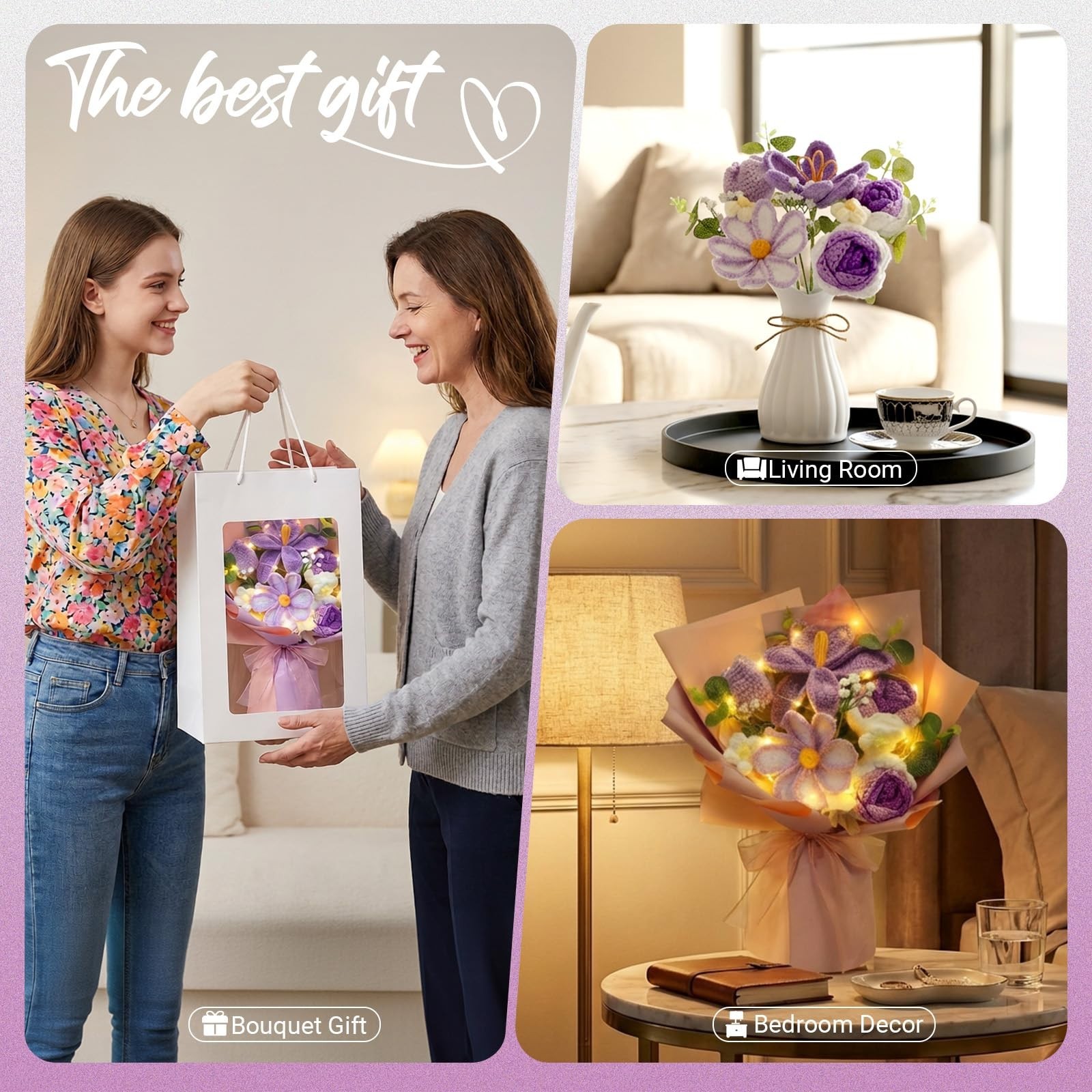 Handmade Crochet Flower Bouquet with Lights – Purple Tulips, Lilies, Roses & Dai
