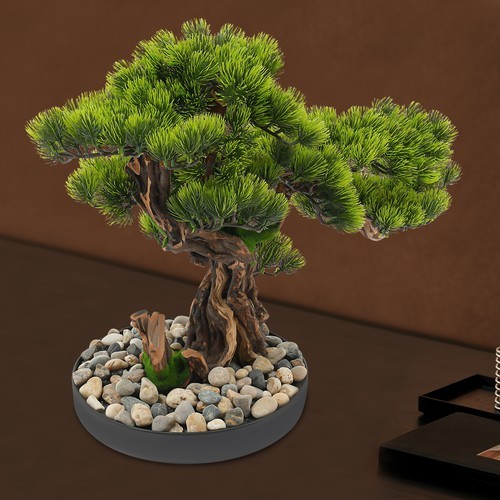 Desktop Artificial Bonsai Pine Tree Decoration Realistic Fake Plant w/ Pebbles