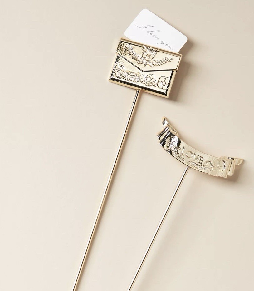 SET OF 2 Anthropologie Gold METAL BOUQUET & POT PICKS Flower House Plant Floral