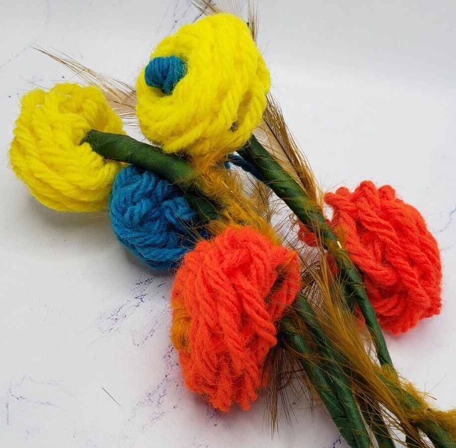 Vintage Handmade Crochet Yarn Flowers Bouquet