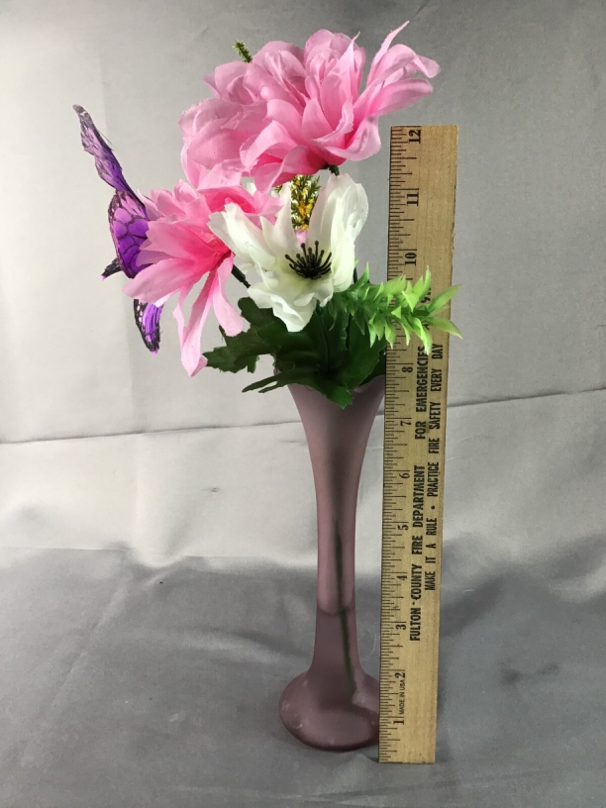 Vintage Vase Purple Butterfly Pink & White Flower Arrangement in Faux Water