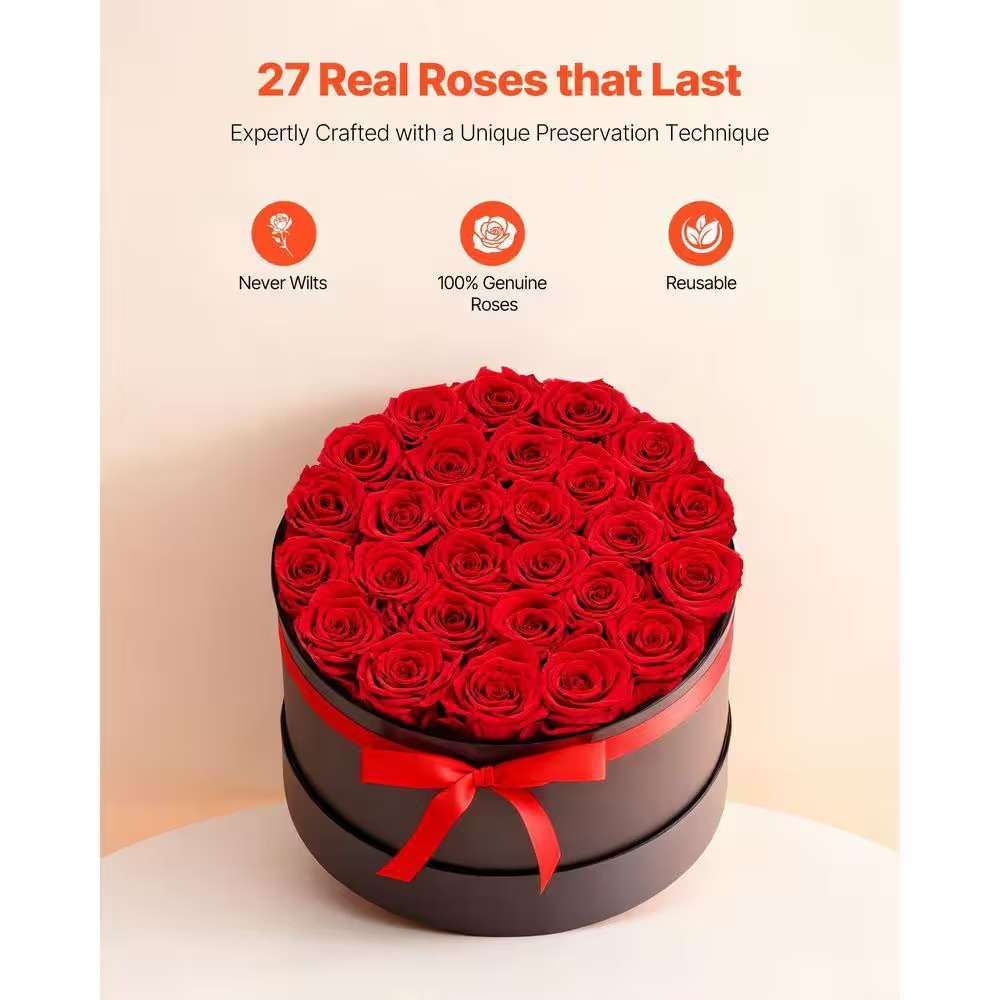 27 Preserved Roses in a Box, 5.51 In. Red Indoor Artificial Rose in Black Basket