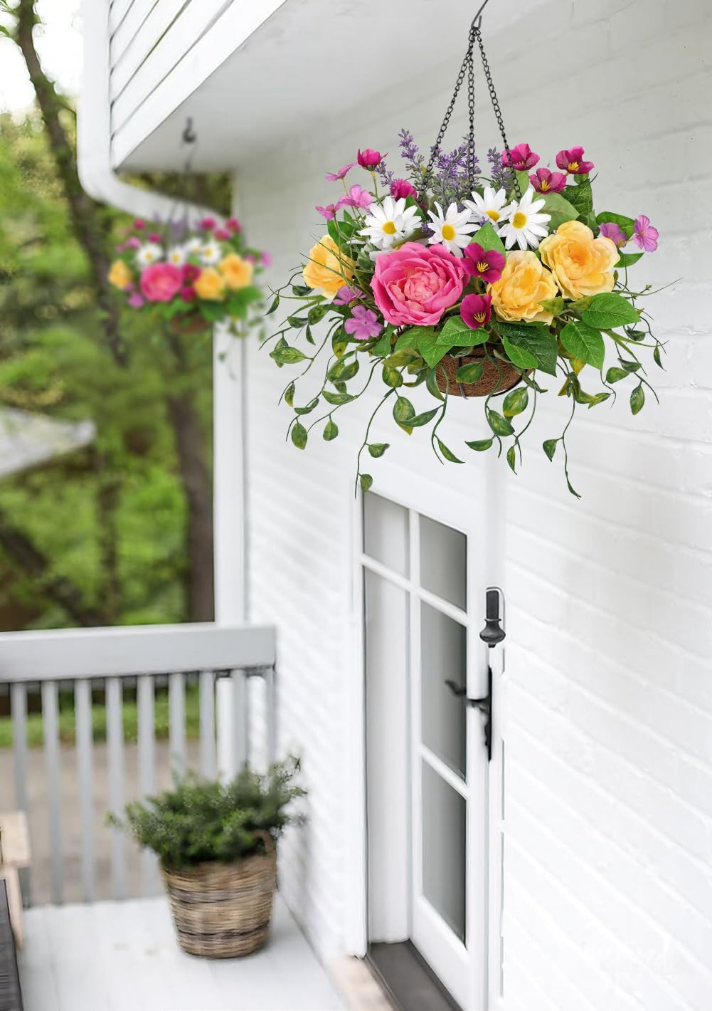 Faux Silk Flower Basket with Roses & Daisies for Outdoor Spring Decor