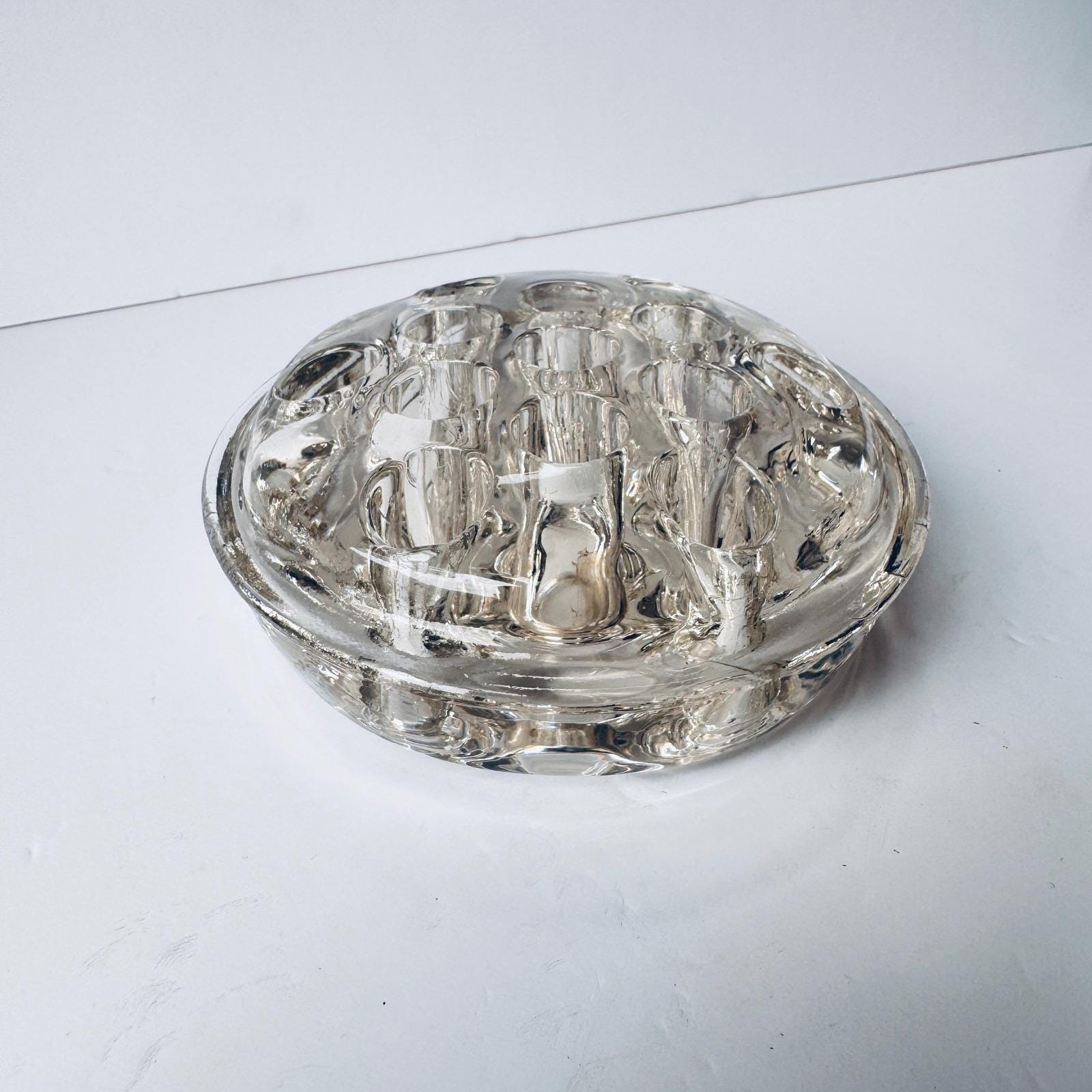 Vintage Clear Glass Flower Frog 13 Hole Domed Floral Stem Holder Heavy Glass