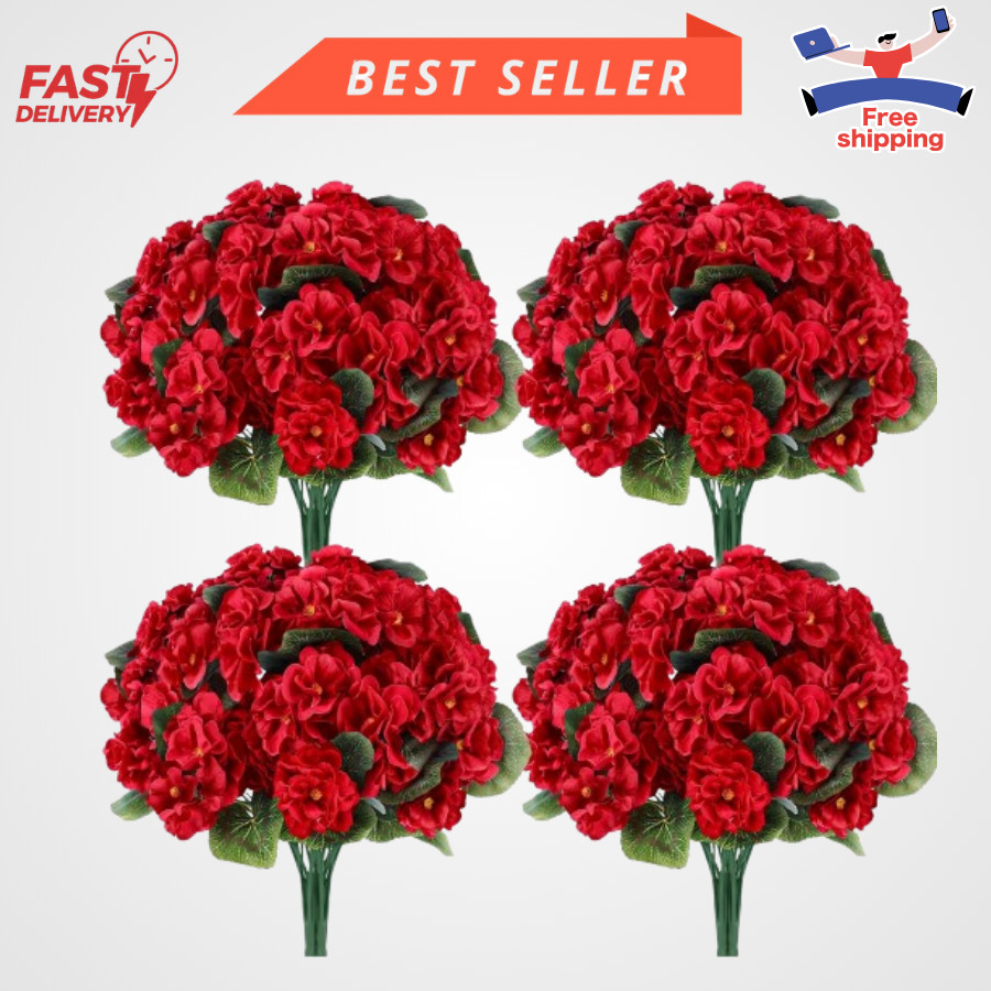 6 Pack Red Artificial Geraniums Outdoor UV Resistant Faux Flowers Window Box Pat