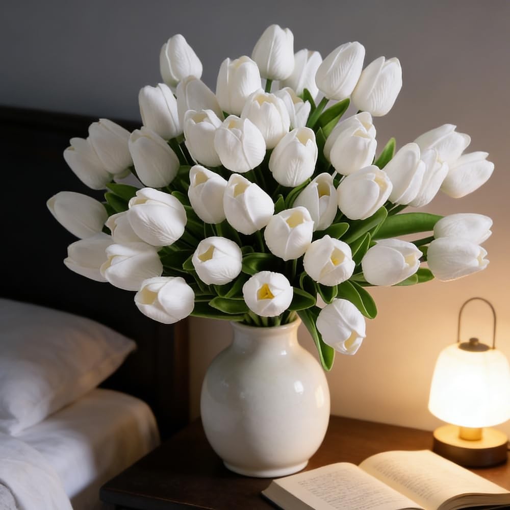 30PCS Artificial Tulips PU Real Touch Single Stem Fake Flowers Bouquet Arrang…