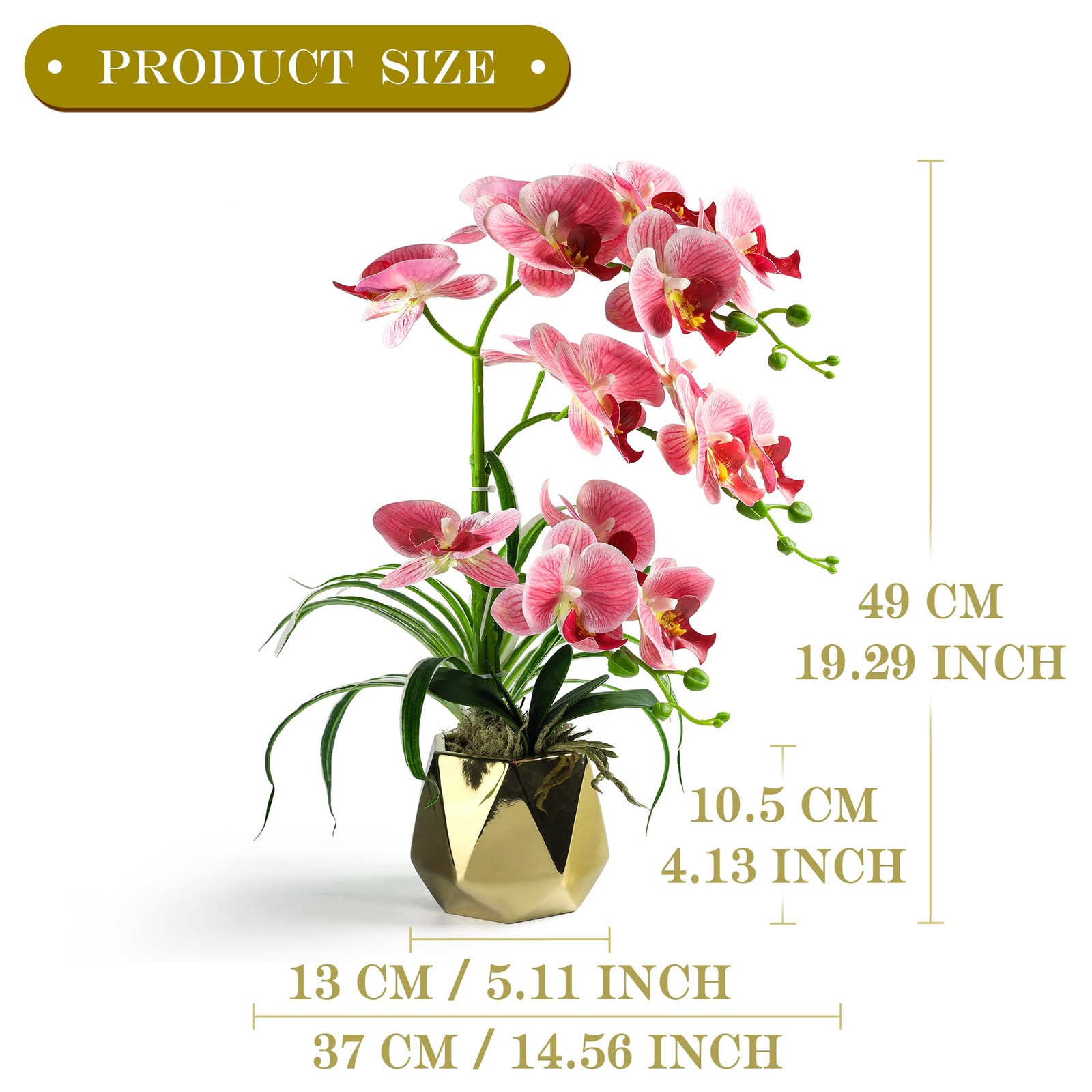 Artificial Pink Orchids Fake Flowers In Gold Vase Pot Home Decor Indoor Floral