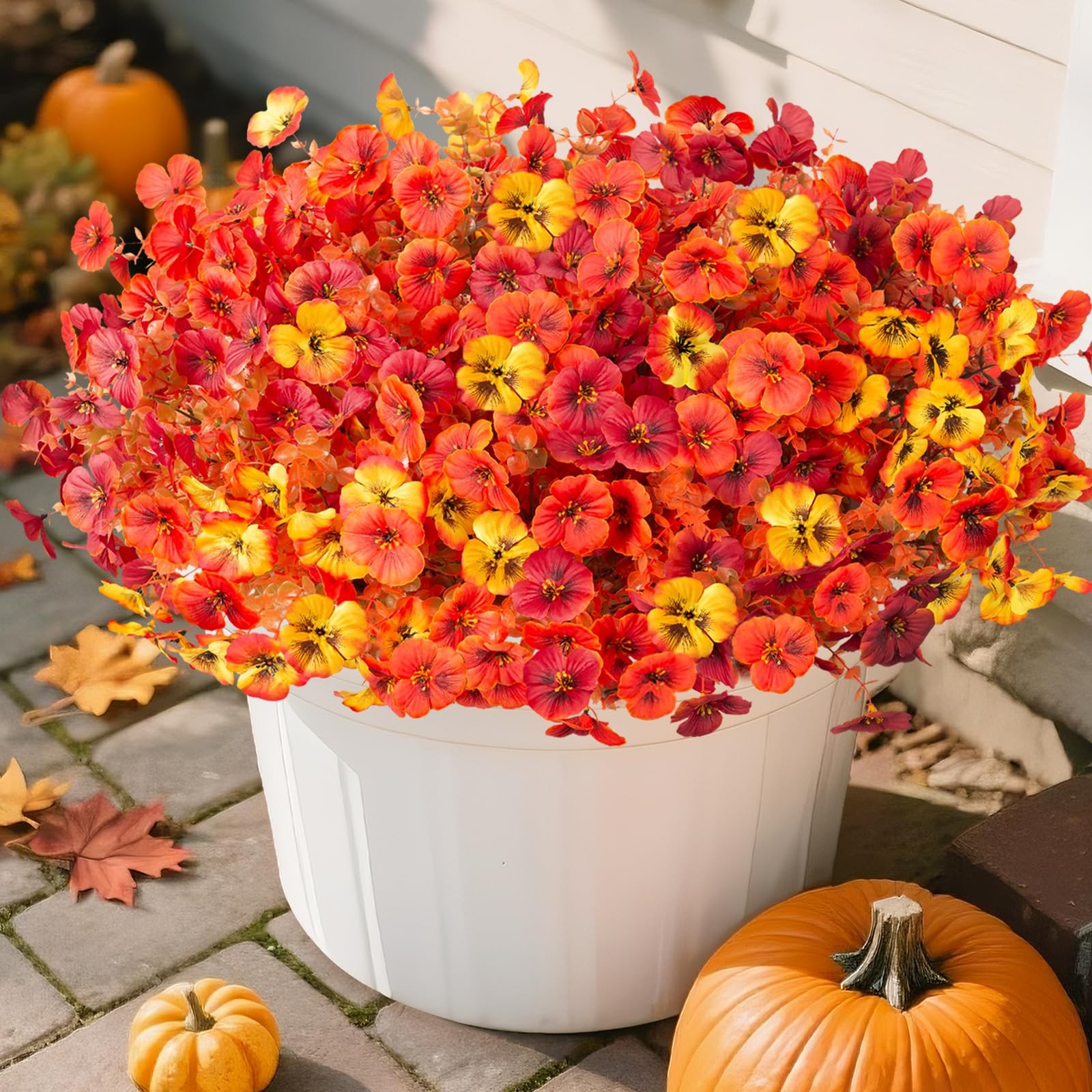 INQCMY Artificial Fall Flowers Faux Pansies Mums 12 Bundle 14″ Red Orange Yellow