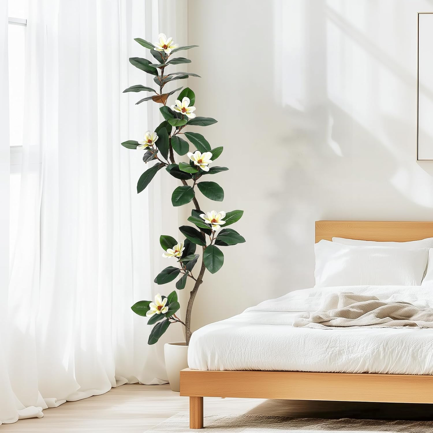 6 Ft Rubber Tree with Magnolia Flowers in White Planter for Home & Office Decor