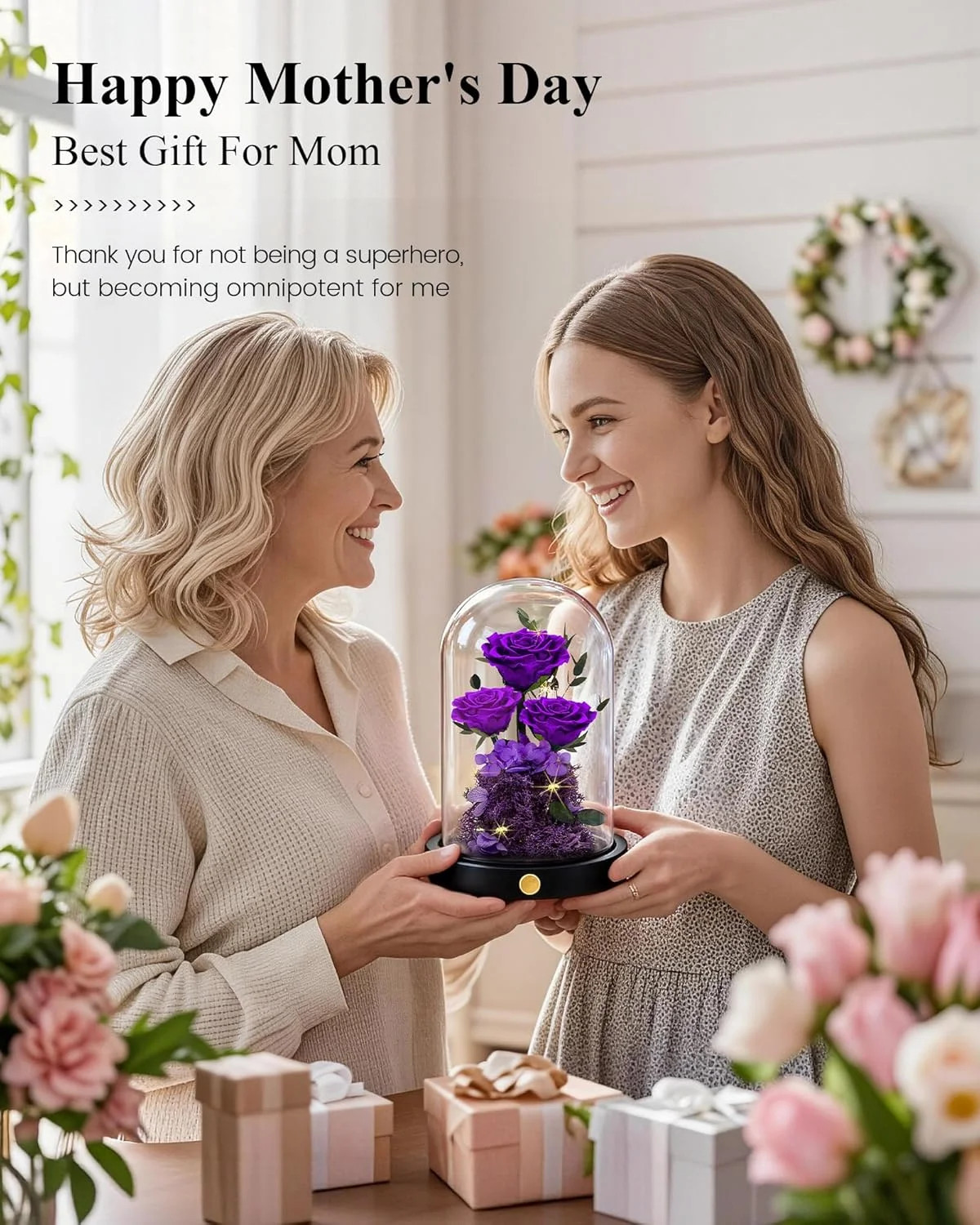 Preserved Purple Rose in Glass Dome Gift for Mom Forever Flower