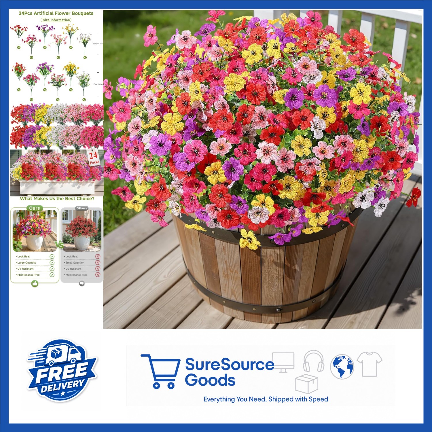 24 Bundles Artificial Flowers for Outdoor Indoor Decor, UV Resistant Silk Plants