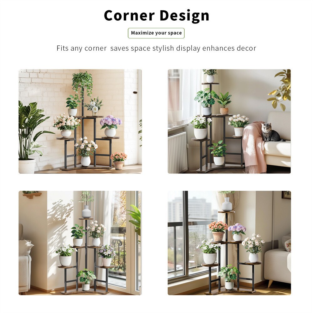Corner Plant Stand Indoor, 6 Tiered Plant Shelf Flower Stand Garden Rustic Brown