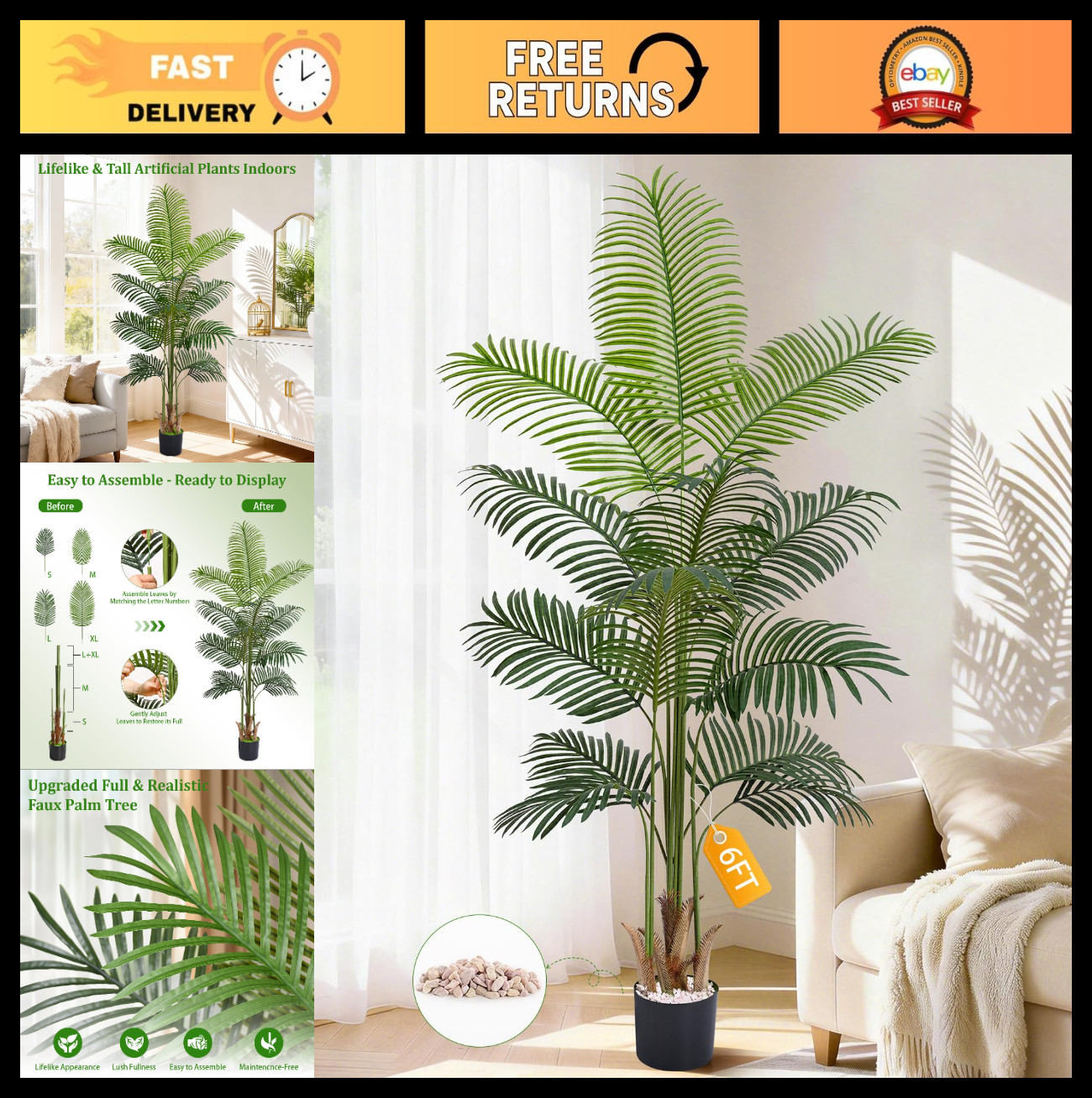 6FT Tall Artificial Palm Tree – Realistic Indoor/Outdoor Plant with Weighted Pla