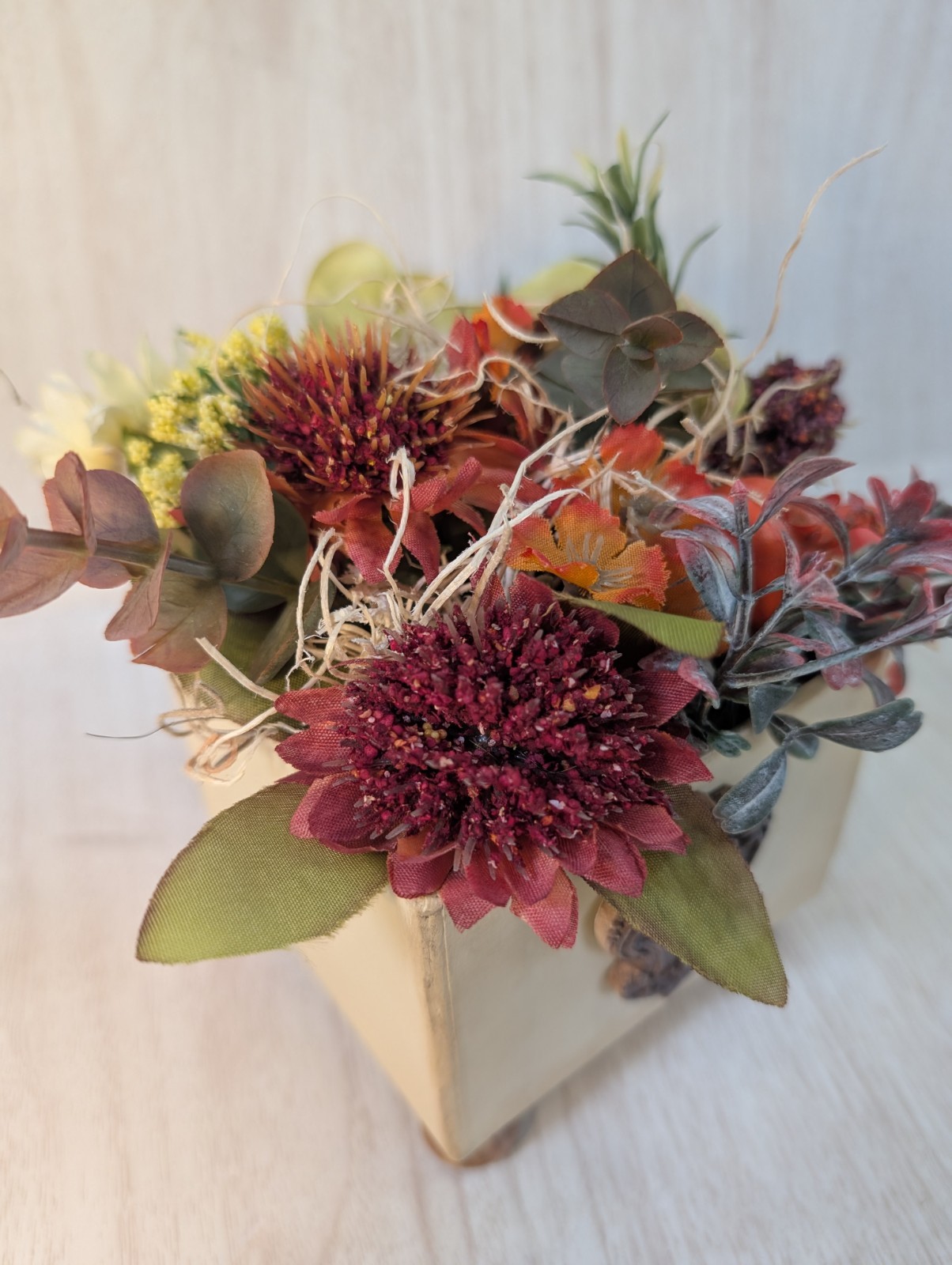 Set of 2 Handmade Fall Floral Centerpieces Rustic Farmhouse Wood Planter Decor