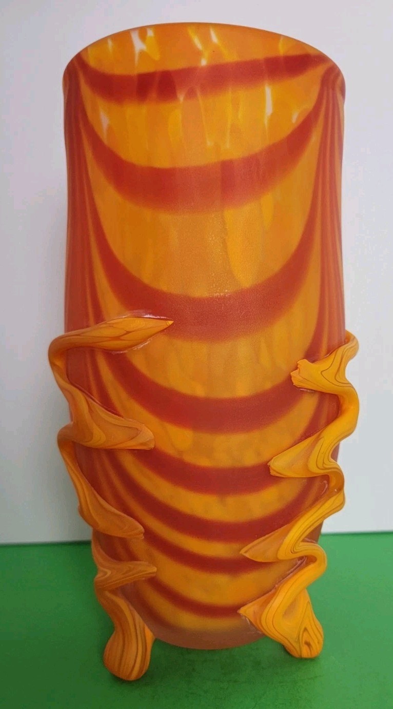 Art Glass 10.25″ x 4.5″ Vase – Orange & Red Swirled Vase With Three Feet