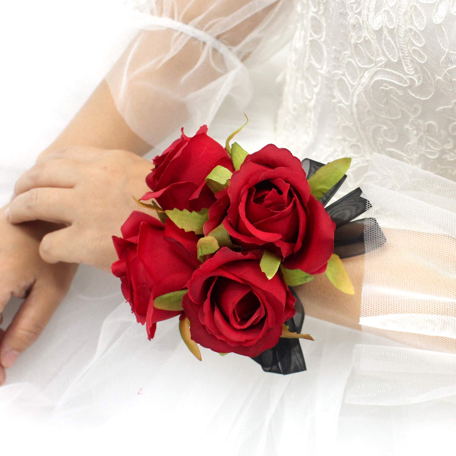 Prom Rose Corsage Boutonniere Set Real Touch Flowers Lace Bow Decor Red
