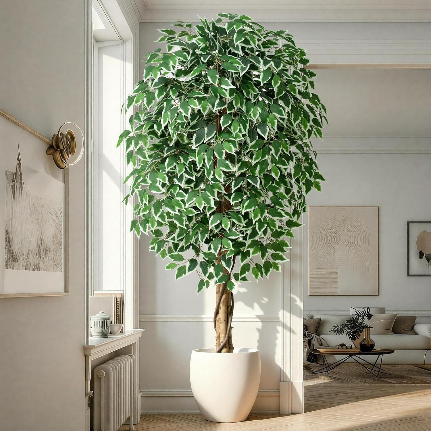6.2Ft Lifelike Ficus Artificial Tree with 3 Curved Trunks for Home Decor