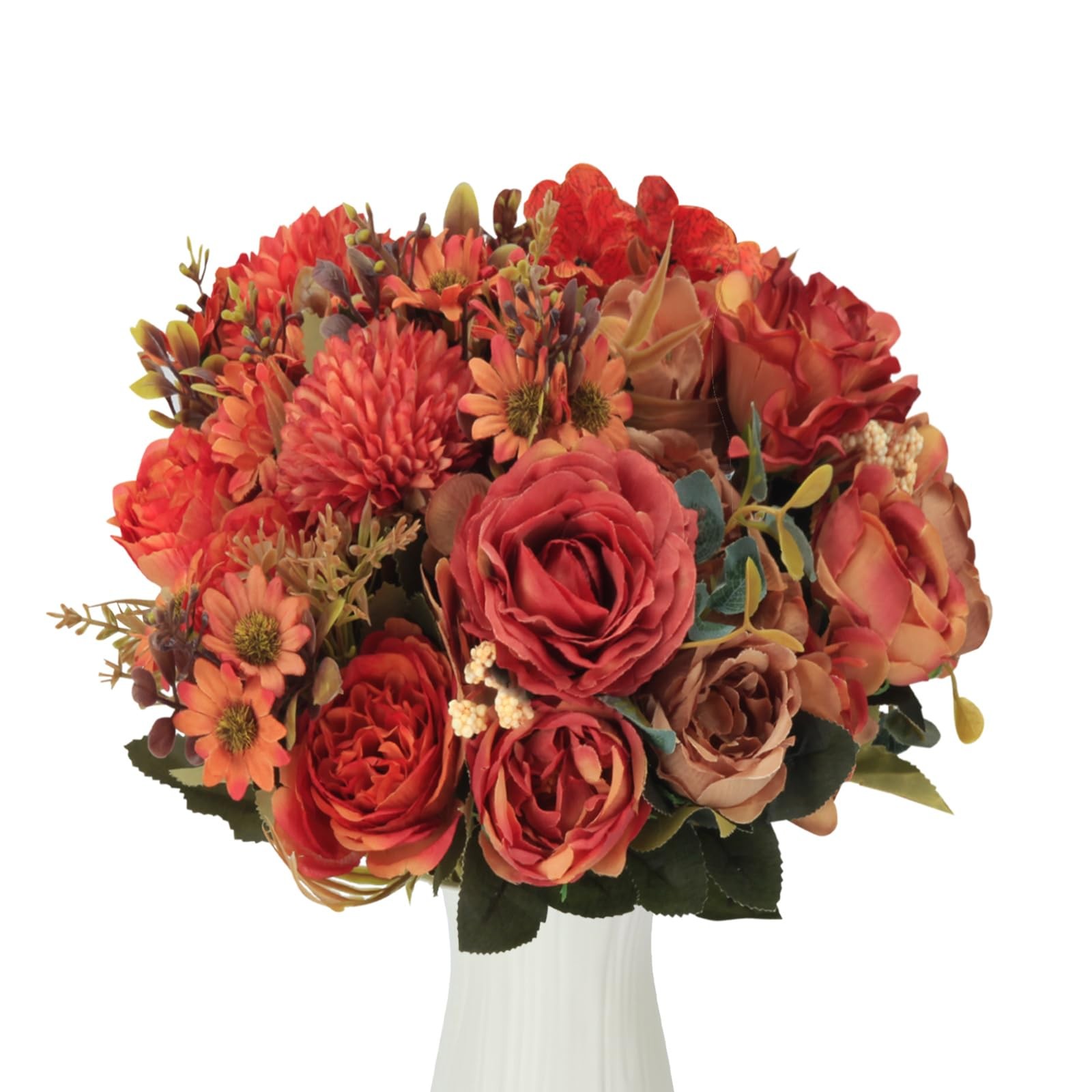 3 PCS Burnt Orange Artificial Silk Rose Pompom Daisy Fall Floral Centerpiece