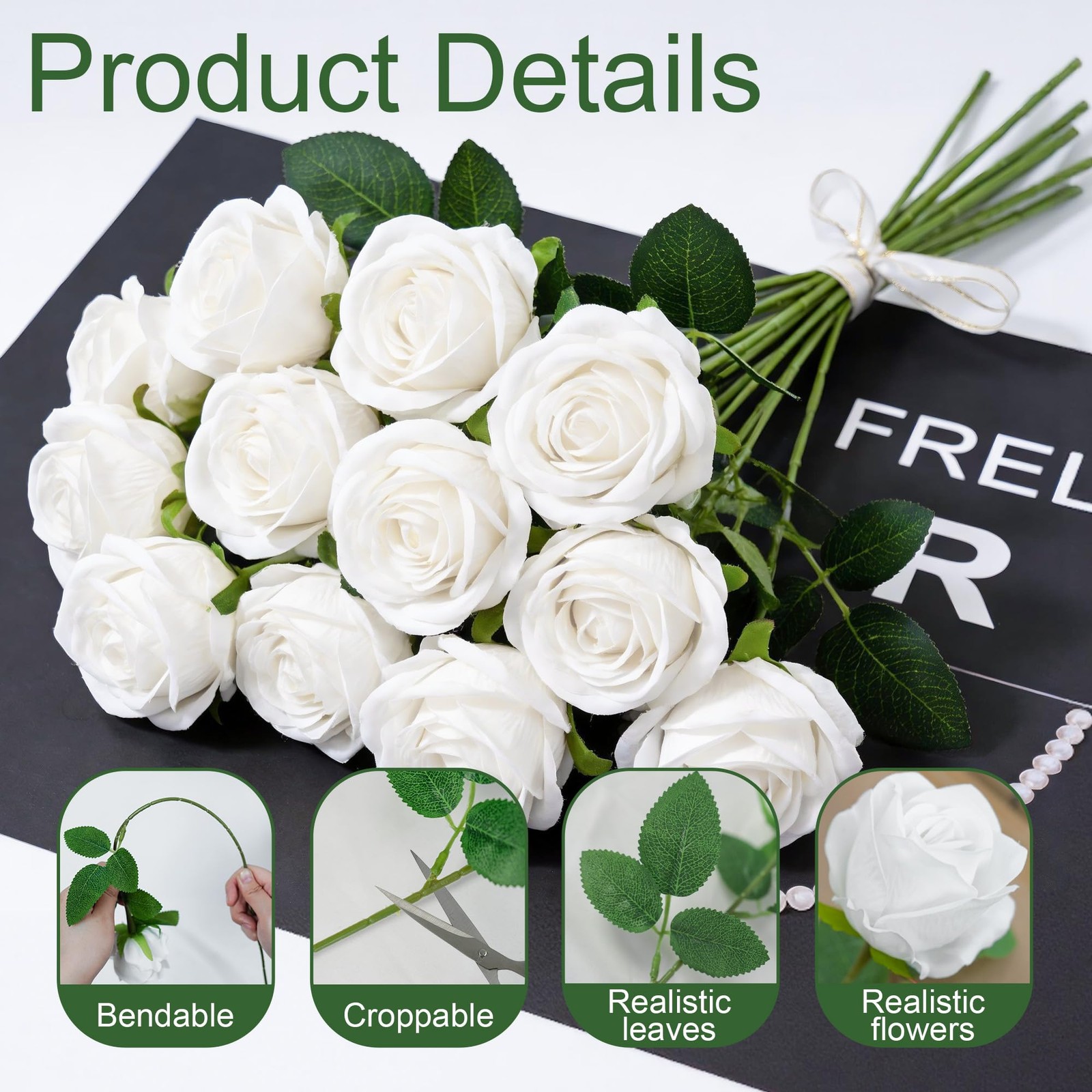 [100]Pcs Realistic Artificial flowers White Roses Bulk, Silk Flowers for wedd…