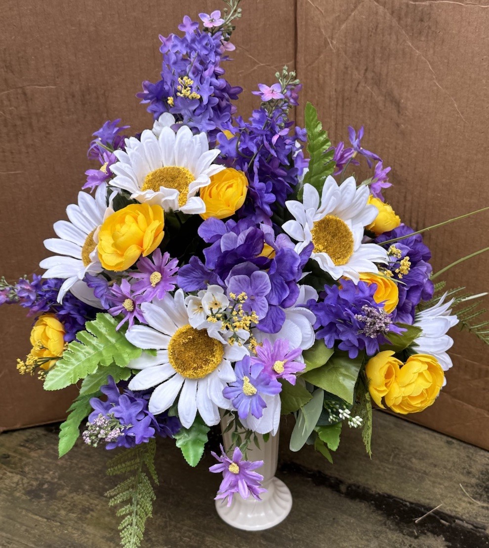 Artificial cemetery flower Arrangements Grave Flowers Purple And Yellow
