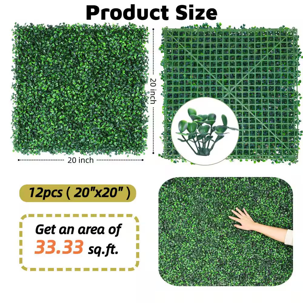 12-Pieces 20 In.X20 In. Artificial Greenery Boxwood Panels UV Protection Boxwood