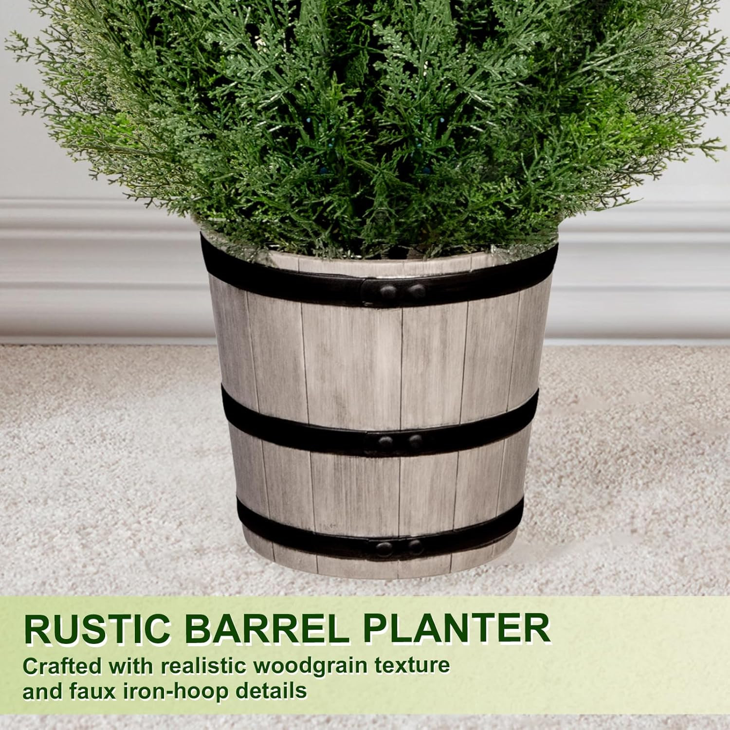 3FT Artificial Cedar Topiary Trees with Rustic Barrel Planter, Outdoor Indoor Re