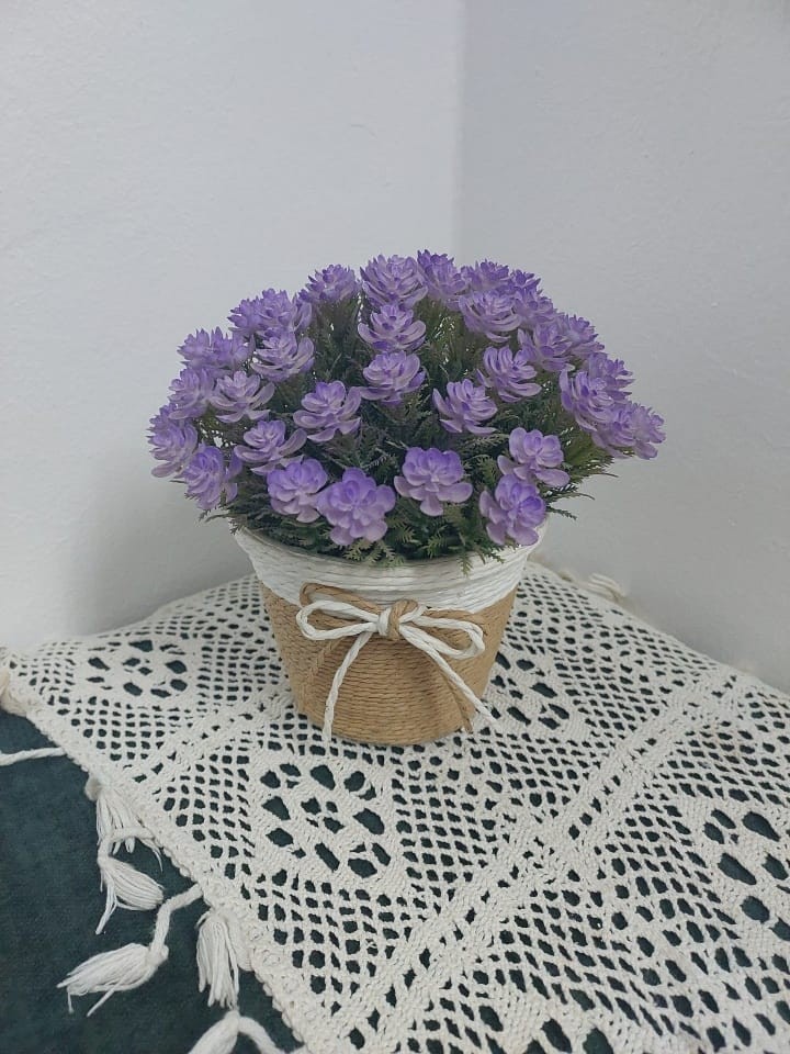 Artificial Lavender Purple Flowers in Rustic Burlap Pot Farmhouse Home Decor