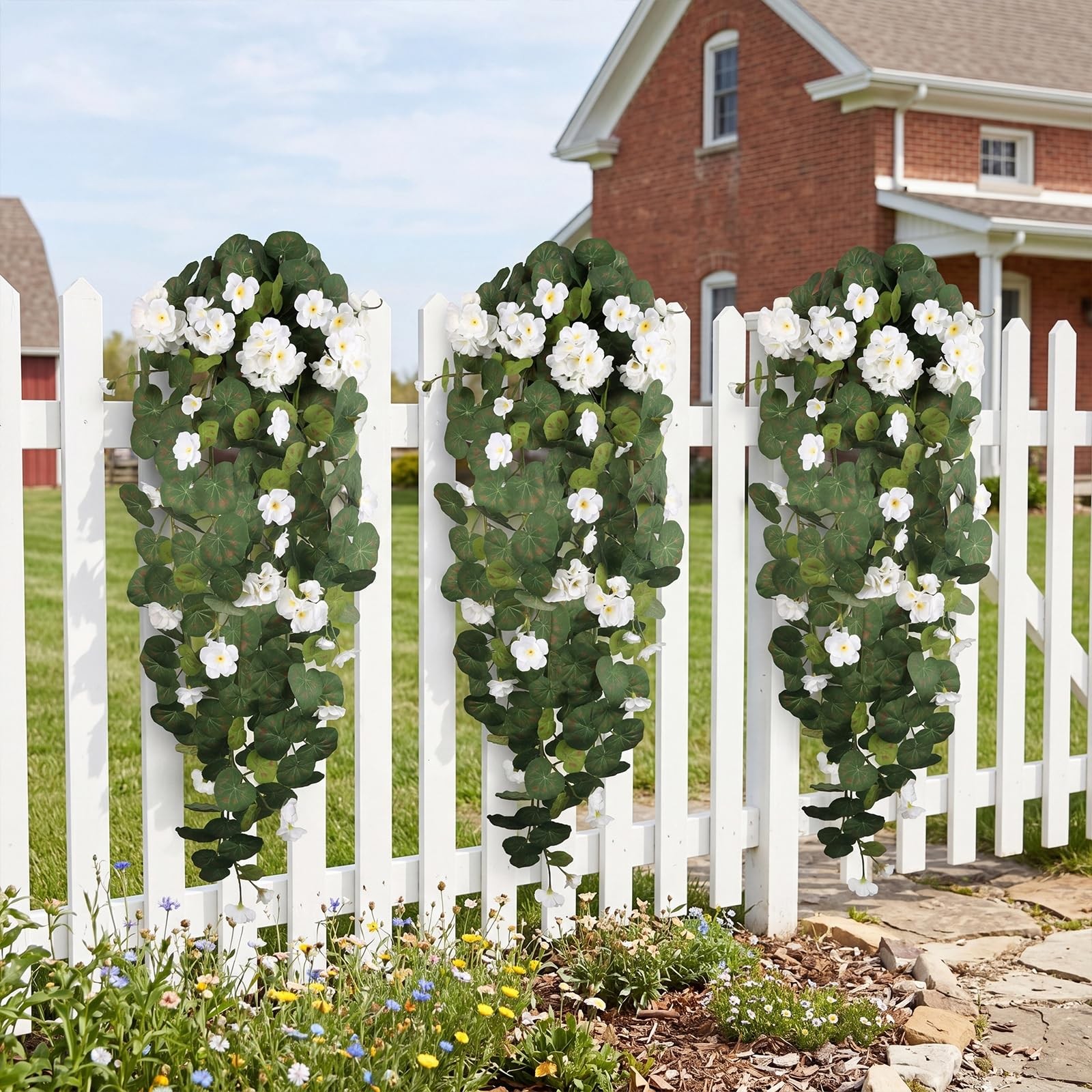 43.3″ White Geraniums Artificial Hanging Flowers for Outdoors, UV Resistant F…