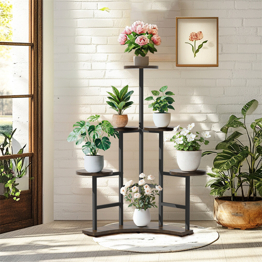 Rustic Metal Wood Corner Plant Shelf 6 Tiered Flower Stand Balcony Rustic Brown