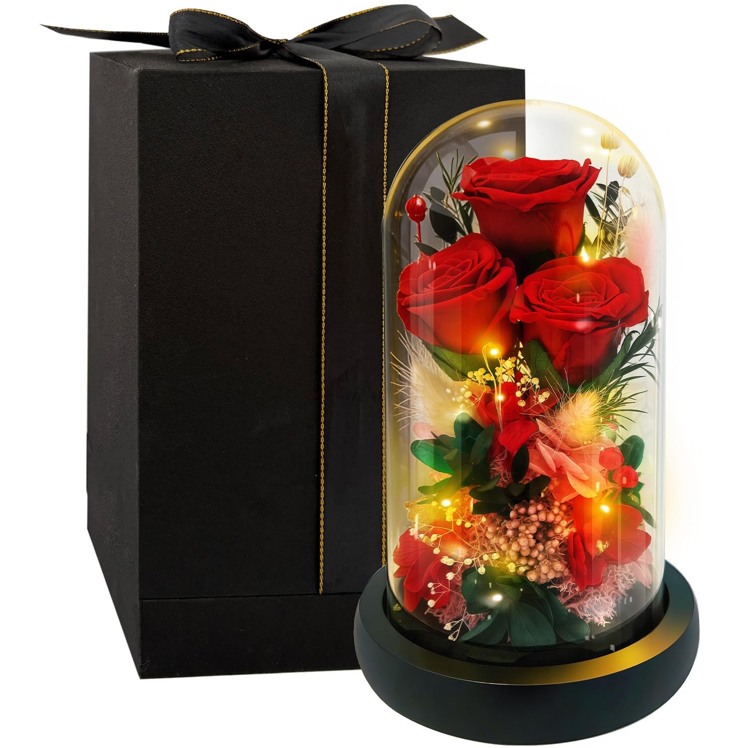 Preserved Red Rose in Glass Dome with LED Lights – Forever Eternal Real Rose …