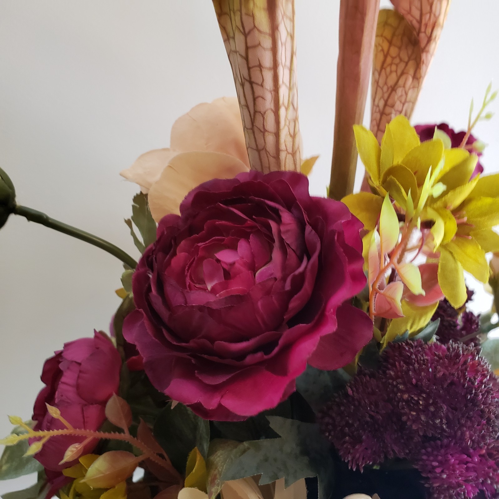 Handmade Silk Flower Centerpiece, Deep Purple Hydrangea, Blush Rose & Mum
