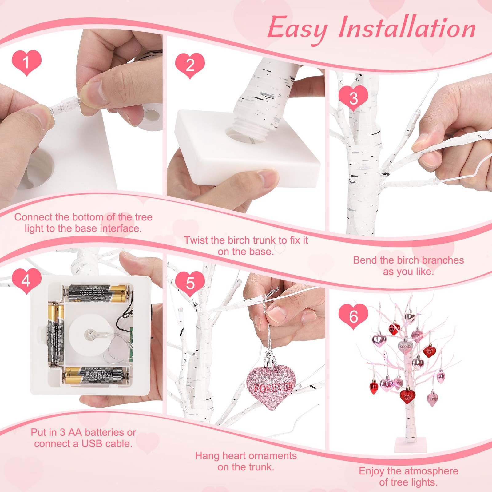 LED Birch Tree Decor with Hearts, 24″ Tabletop, Timer, USB & Battery Operated