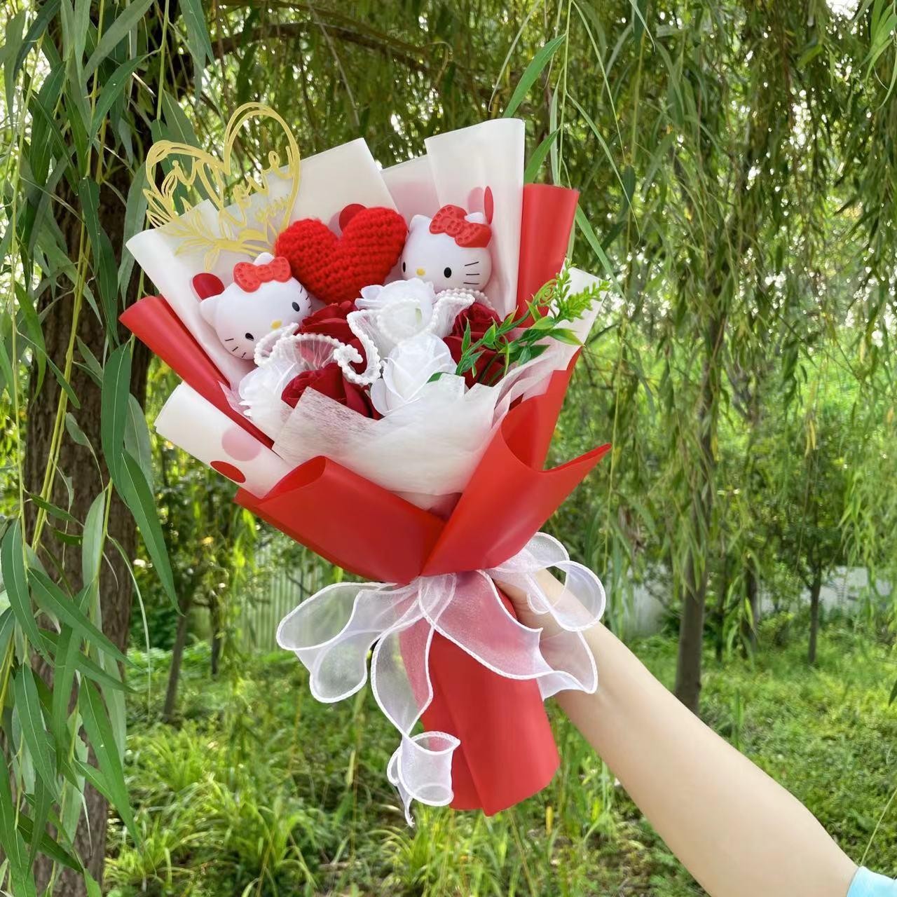 Cat Dolls with Artificial Flowers Creative Bouquet Christmas Valentine Birthday