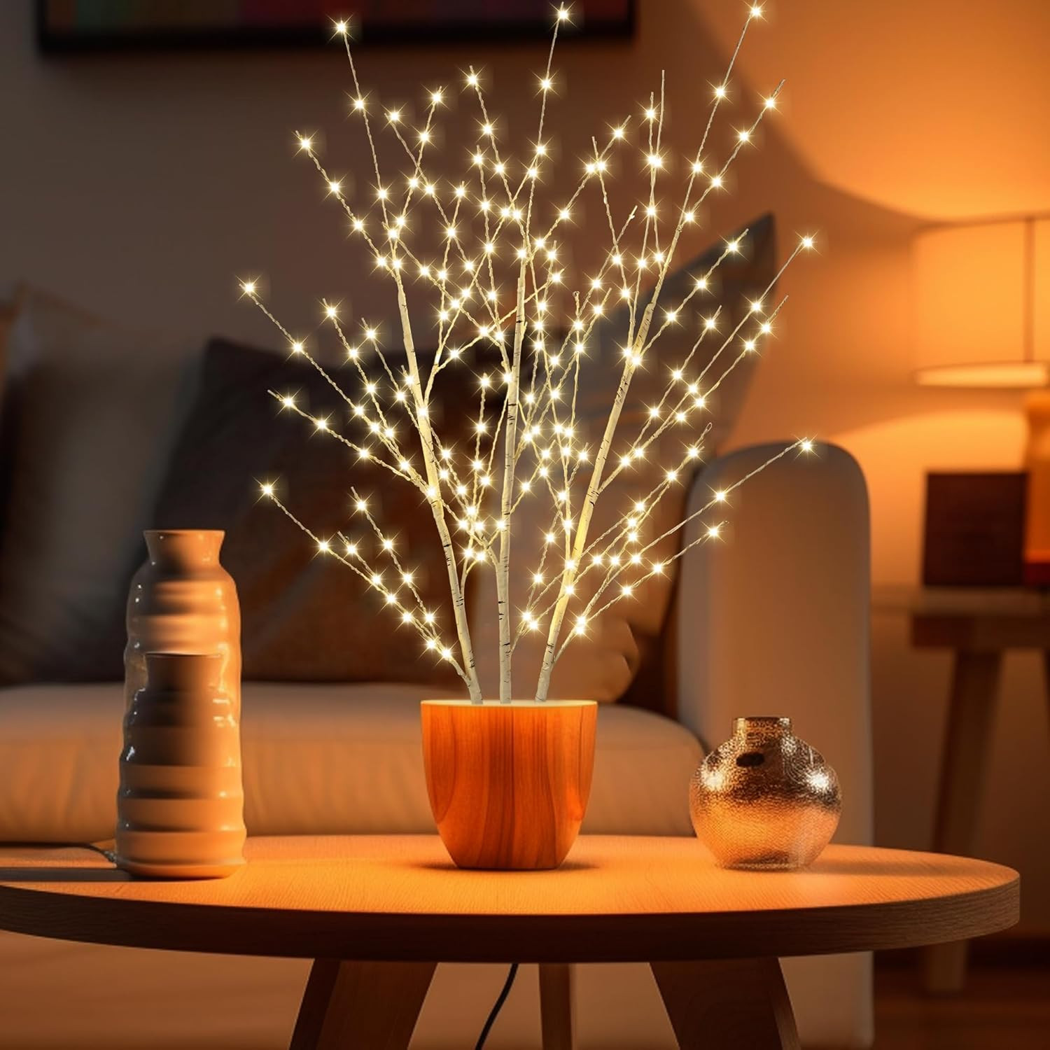 33″ Birch LED Light Tree 180 Lights Twinkling Branch Table Decor With Timer