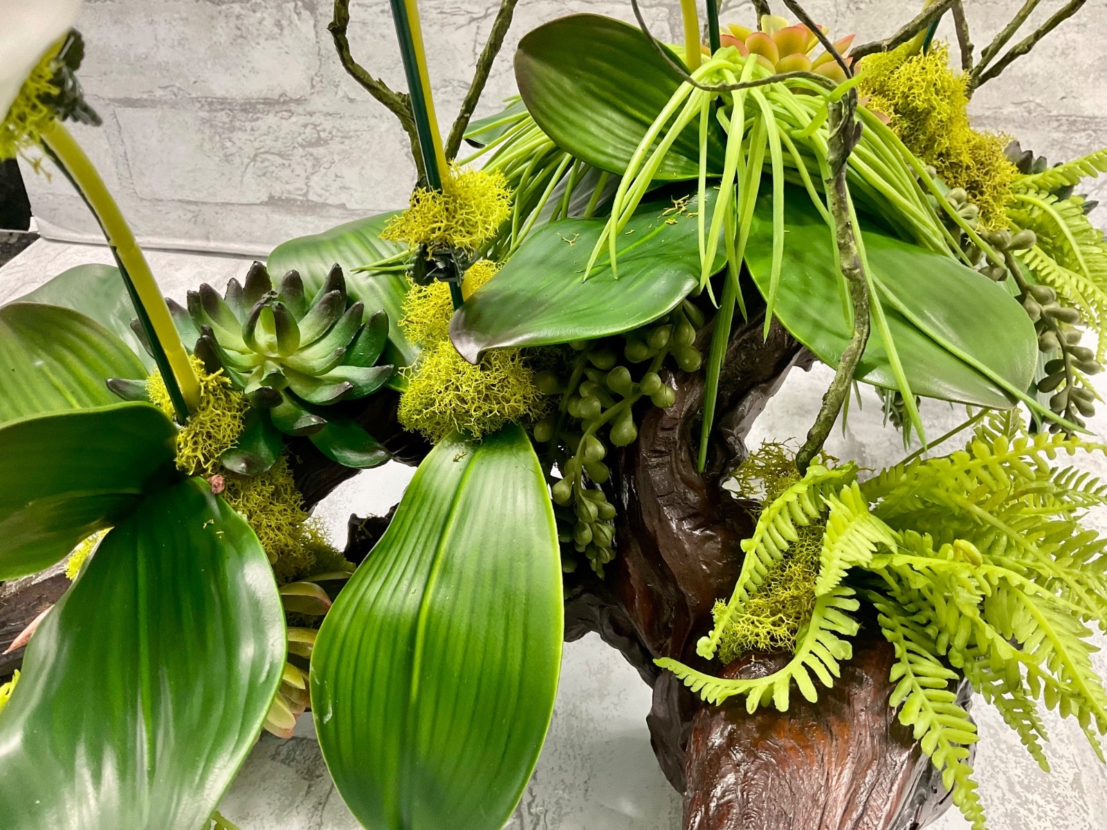 Large Driftwood Orchid Arrangement, White Real Touch Orchids Succulents 28’x17′