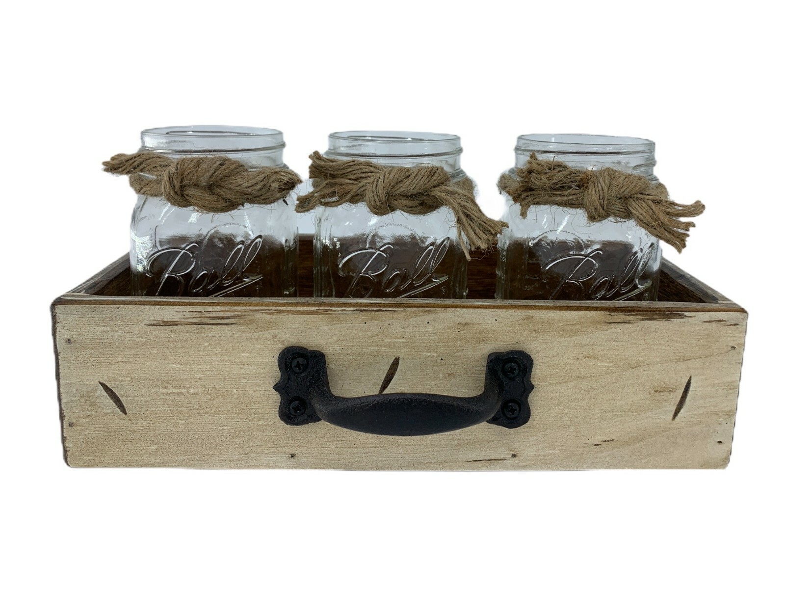 Centerpiece with 3 Mason Jars + 3 Flowers + Handmade Wood Drawer ANTIQUE WHITE