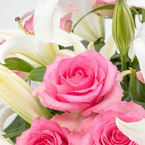 Stunning Oriental Lily & Pink Roses Bouquet – Fresh Flowers in Vase – Romantic G